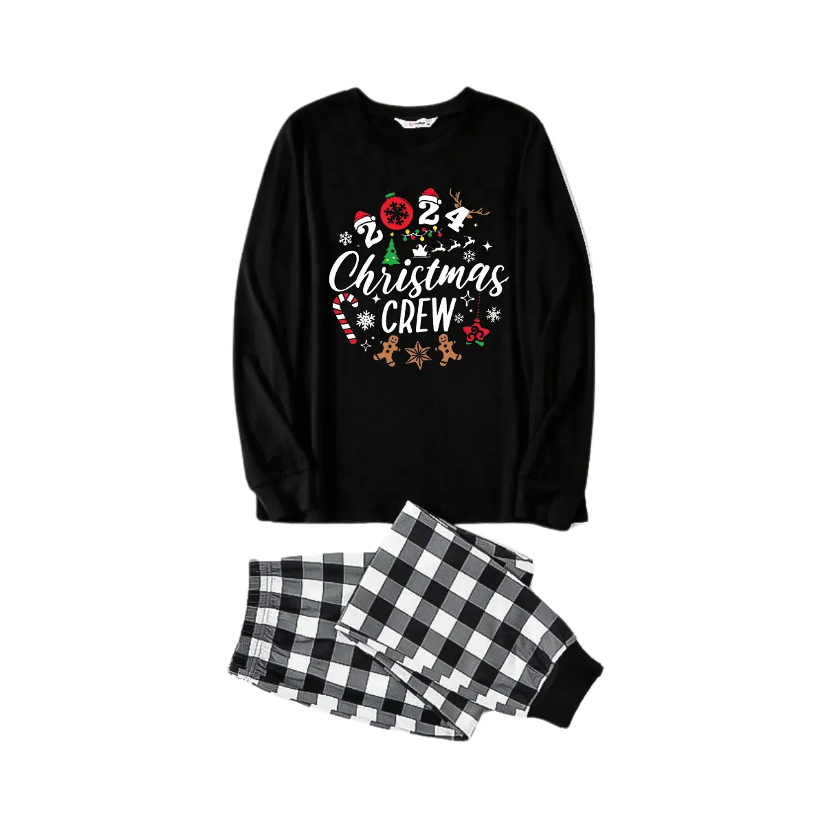 2024 Christmas Crew Making Memories Together Text Print Black Long Sleeve Top with Black And White Plaid Pants Family Matching Pajamas