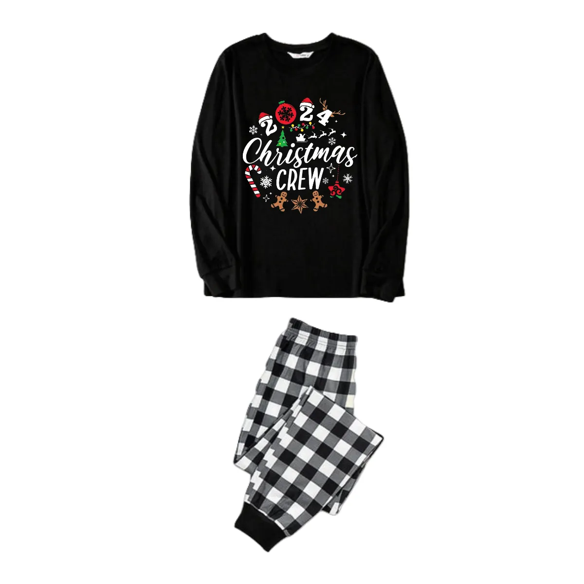 2024 Christmas Crew Making Memories Together Text Print Black Long Sleeve Top with Black And White Plaid Pants Family Matching Pajamas