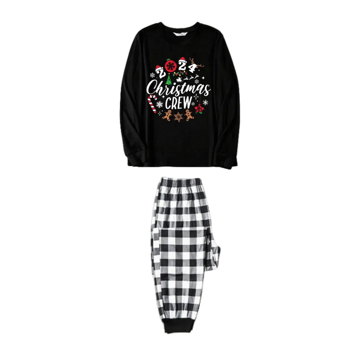 2024 Christmas Crew Making Memories Together Text Print Black Long Sleeve Top with Black And White Plaid Pants Family Matching Pajamas