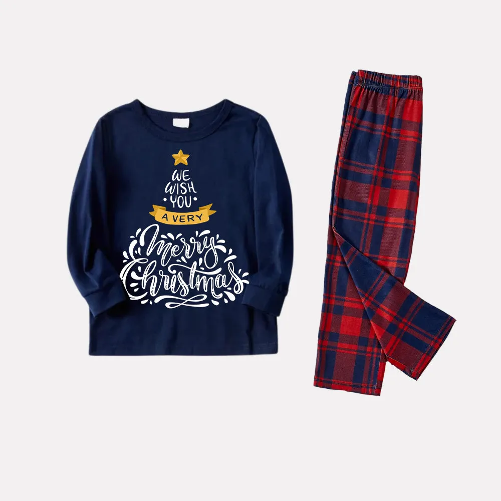 2024 Christmas Tree Pattern "We Wish You"Blue Long Sleeves with Classic Blue and Red Plaid Pants Family Matching Pajamas