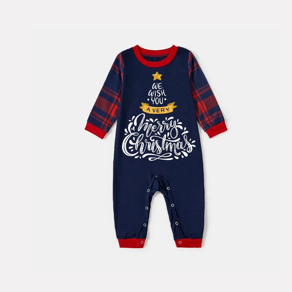 2024 Christmas Tree Pattern "We Wish You"Blue Long Sleeves with Classic Blue and Red Plaid Pants Family Matching Pajamas