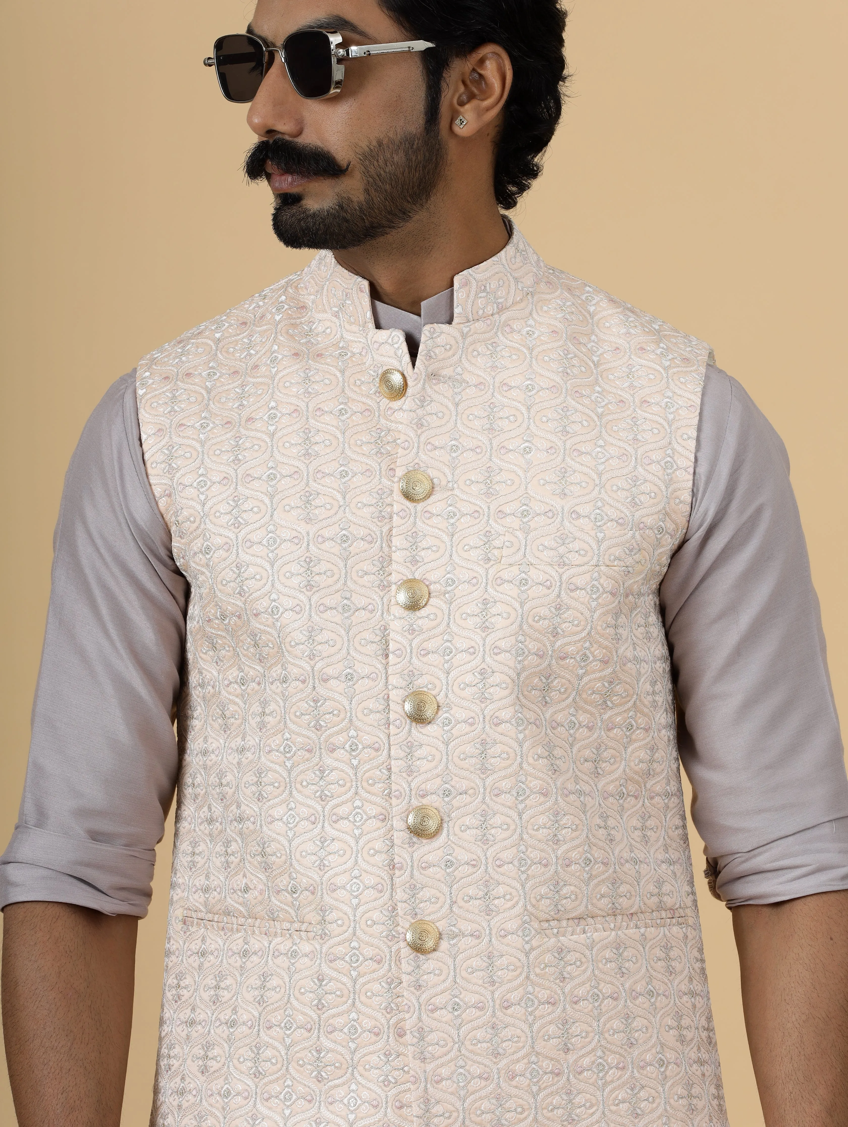 Alluring Peach Thread Embroidered Silk Half Jodhpuri Jacket with Lilac Kurta-Pajama for Men