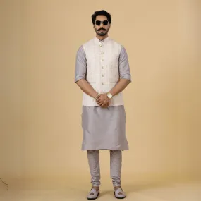 Alluring Peach Thread Embroidered Silk Half Jodhpuri Jacket with Lilac Kurta-Pajama for Men