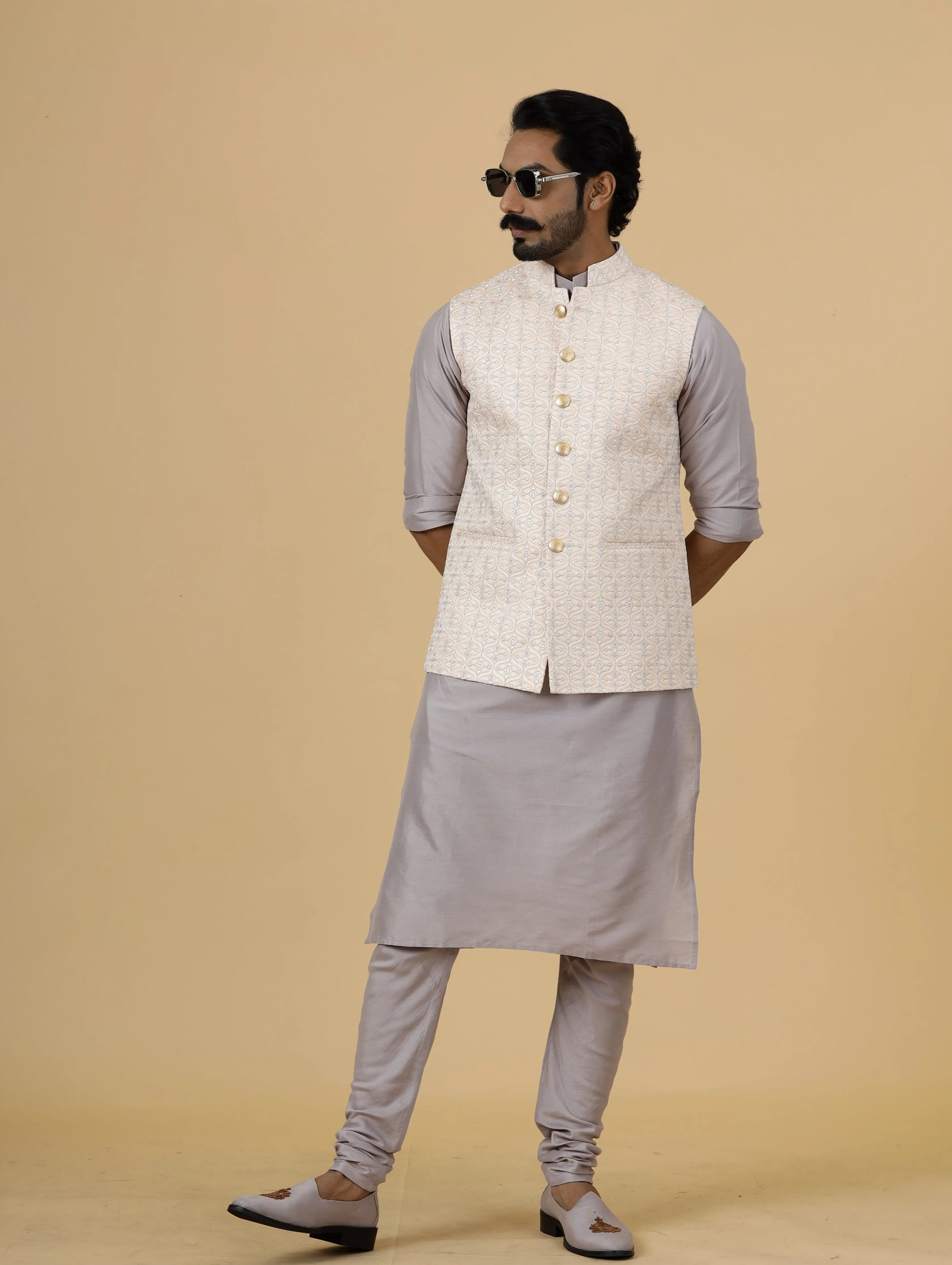 Alluring Peach Thread Embroidered Silk Half Jodhpuri Jacket with Lilac Kurta-Pajama for Men