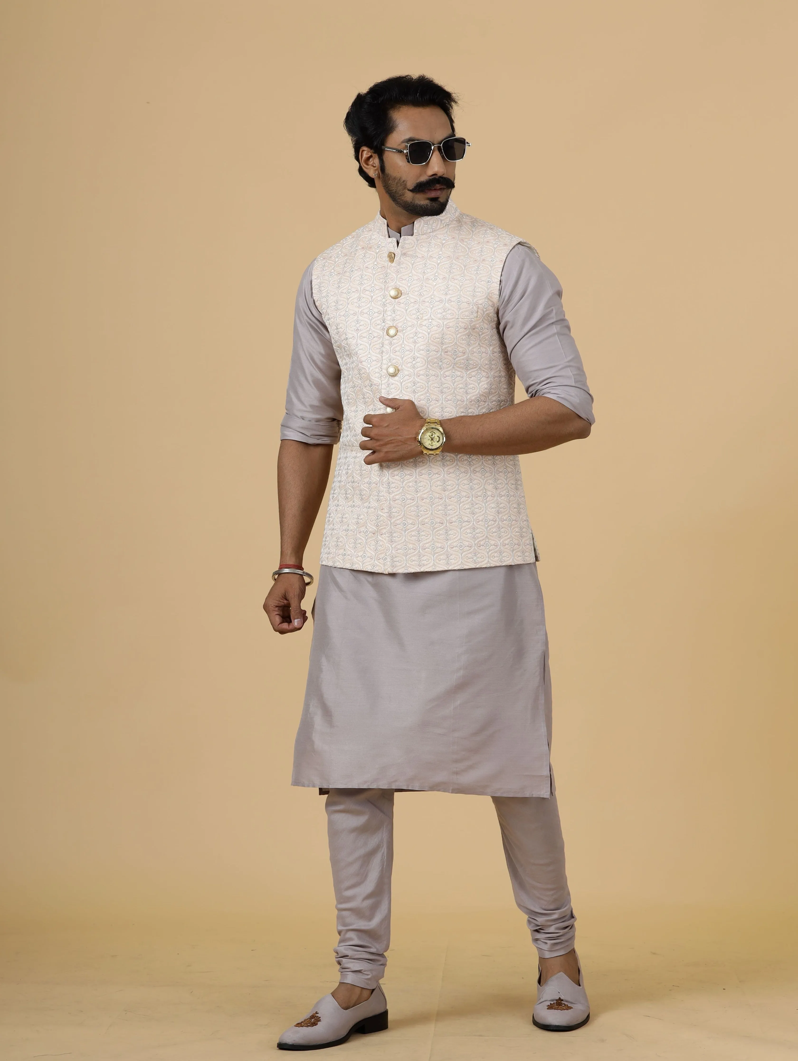 Alluring Peach Thread Embroidered Silk Half Jodhpuri Jacket with Lilac Kurta-Pajama for Men