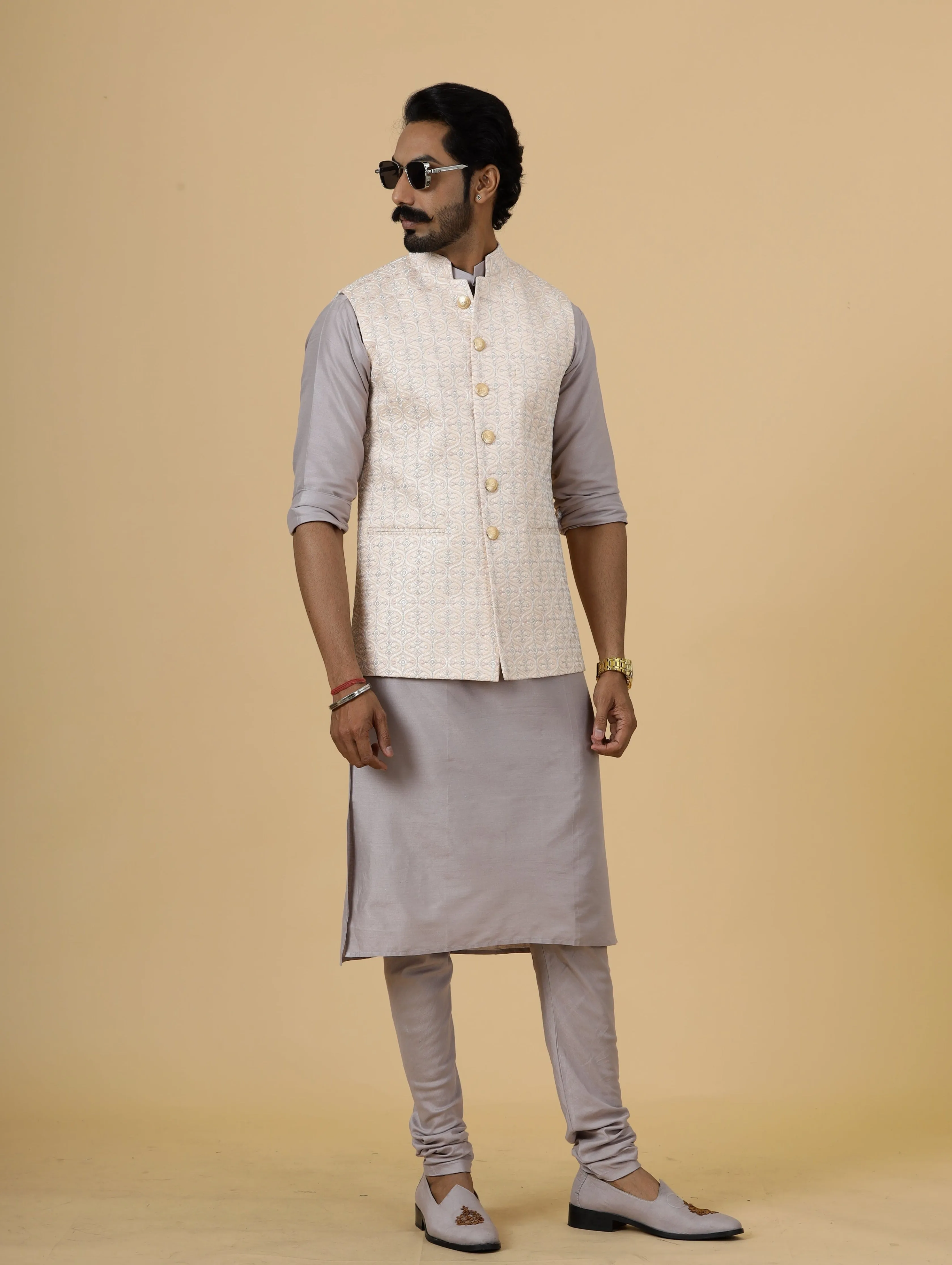 Alluring Peach Thread Embroidered Silk Half Jodhpuri Jacket with Lilac Kurta-Pajama for Men