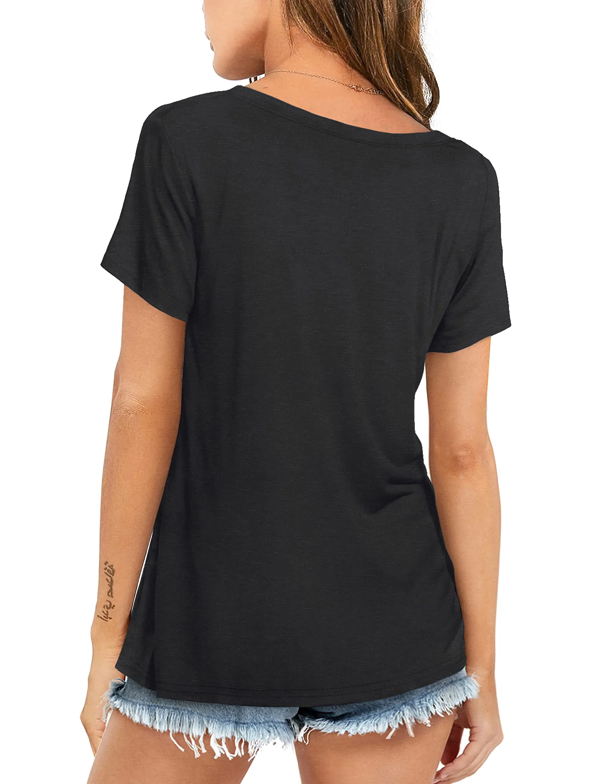 Amoretu Women's Short Sleeve T Shirts V Neck Loose Casual Plain Tops Black L