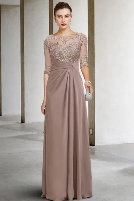 Beautiful Long Green A-line Lace Chiffon Mother of The Bride Dresses with Sleeves