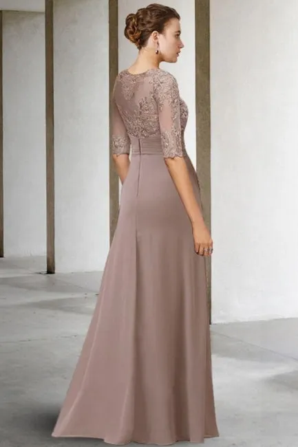 Beautiful Long Green A-line Lace Chiffon Mother of The Bride Dresses with Sleeves