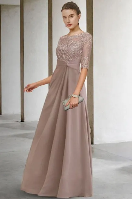 Beautiful Long Green A-line Lace Chiffon Mother of The Bride Dresses with Sleeves