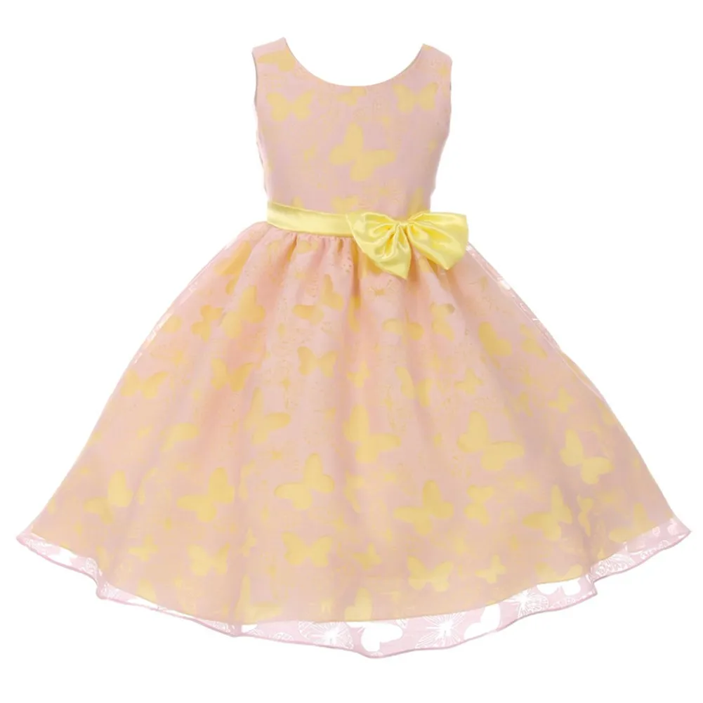 Big Girls Pink Yellow Butterfly Burnout Organza Easter Dress 8-12