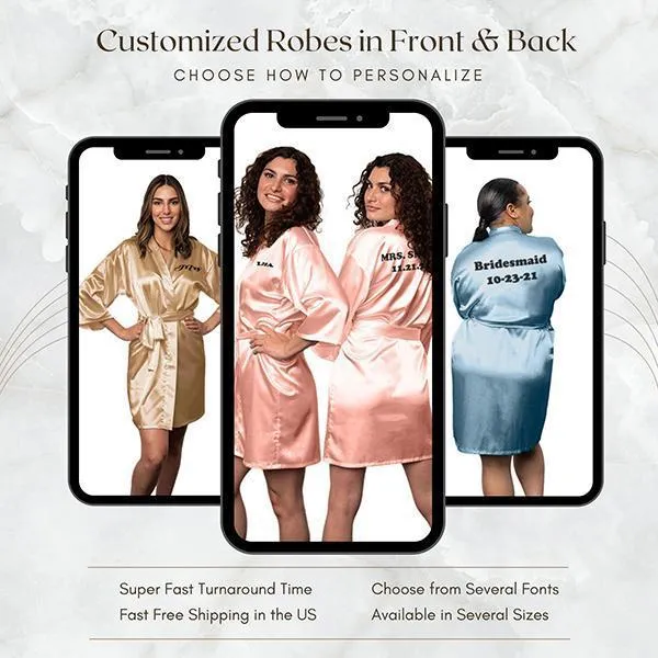 Bridesmaid Robe Set of 6, Personalized Robes in Front & Back, 26 Colors, 3T-6XL