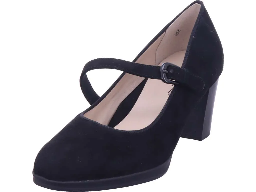 Caprice Black Suede Heeled Court Shoe with Buckle.