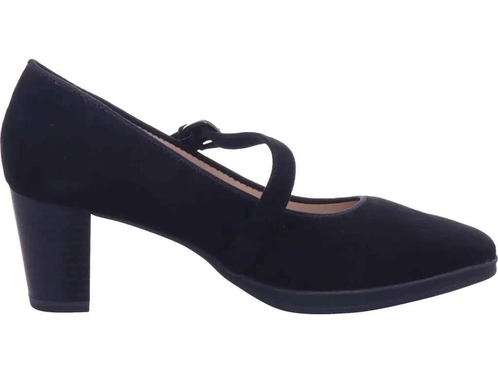 Caprice Black Suede Heeled Court Shoe with Buckle.