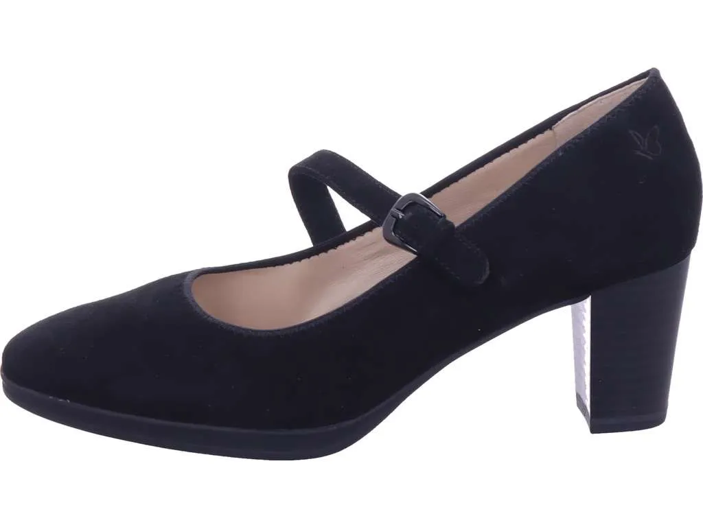 Caprice Black Suede Heeled Court Shoe with Buckle.