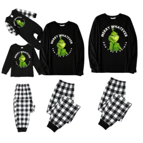 Cartoon Pattern and Christmas Slogan Printed Black and White Plaid Family Matching Pajamas