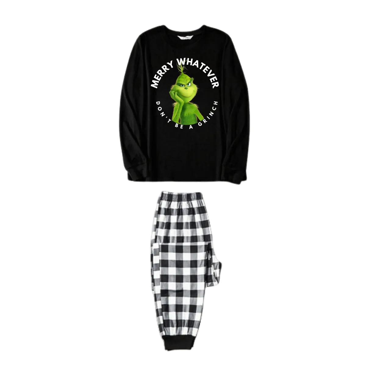 Cartoon Pattern and Christmas Slogan Printed Black and White Plaid Family Matching Pajamas