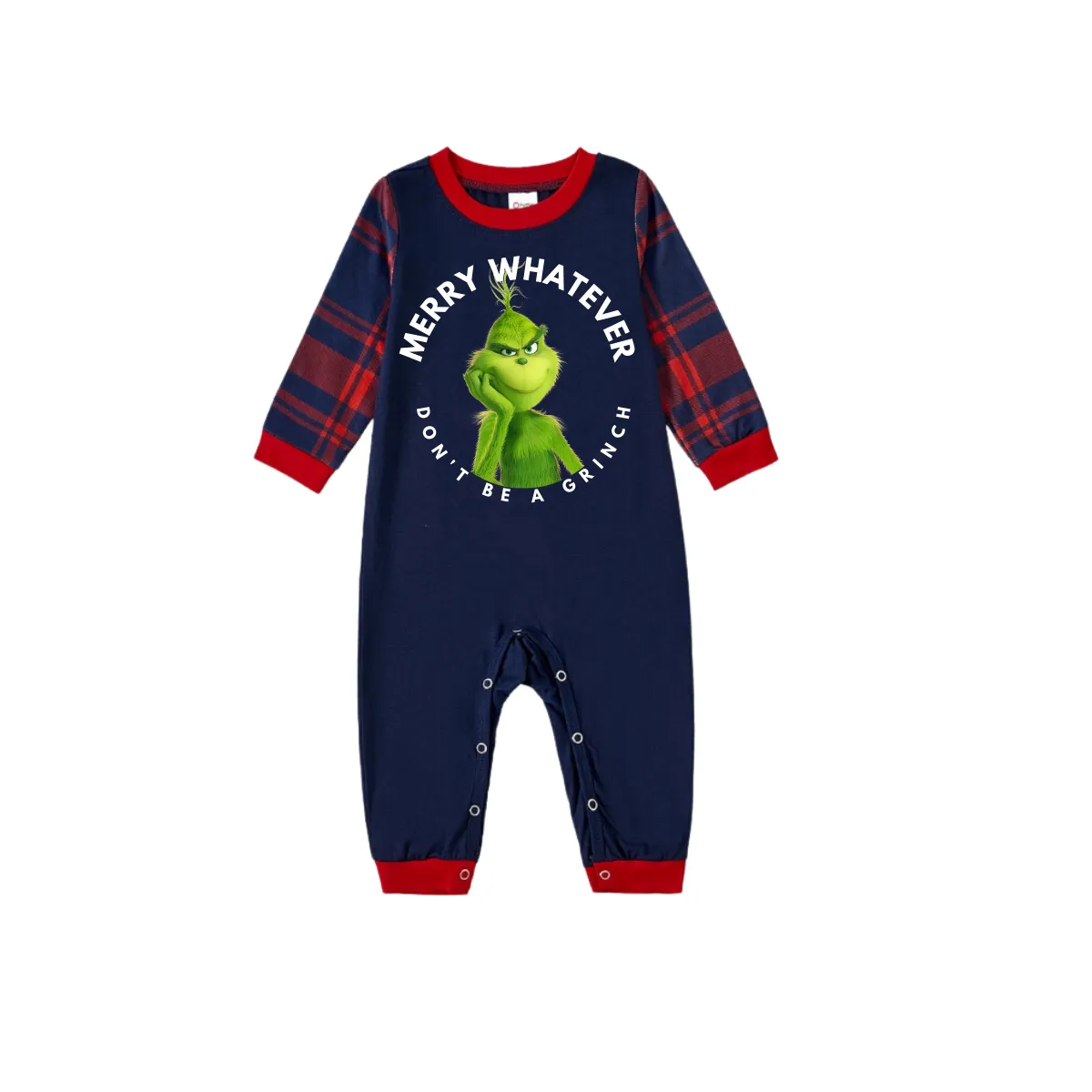 Cartoon Pattern and Christmas Slogan Printed Blue Top Red&Blue Plaid Pants Family Matching Pajamas