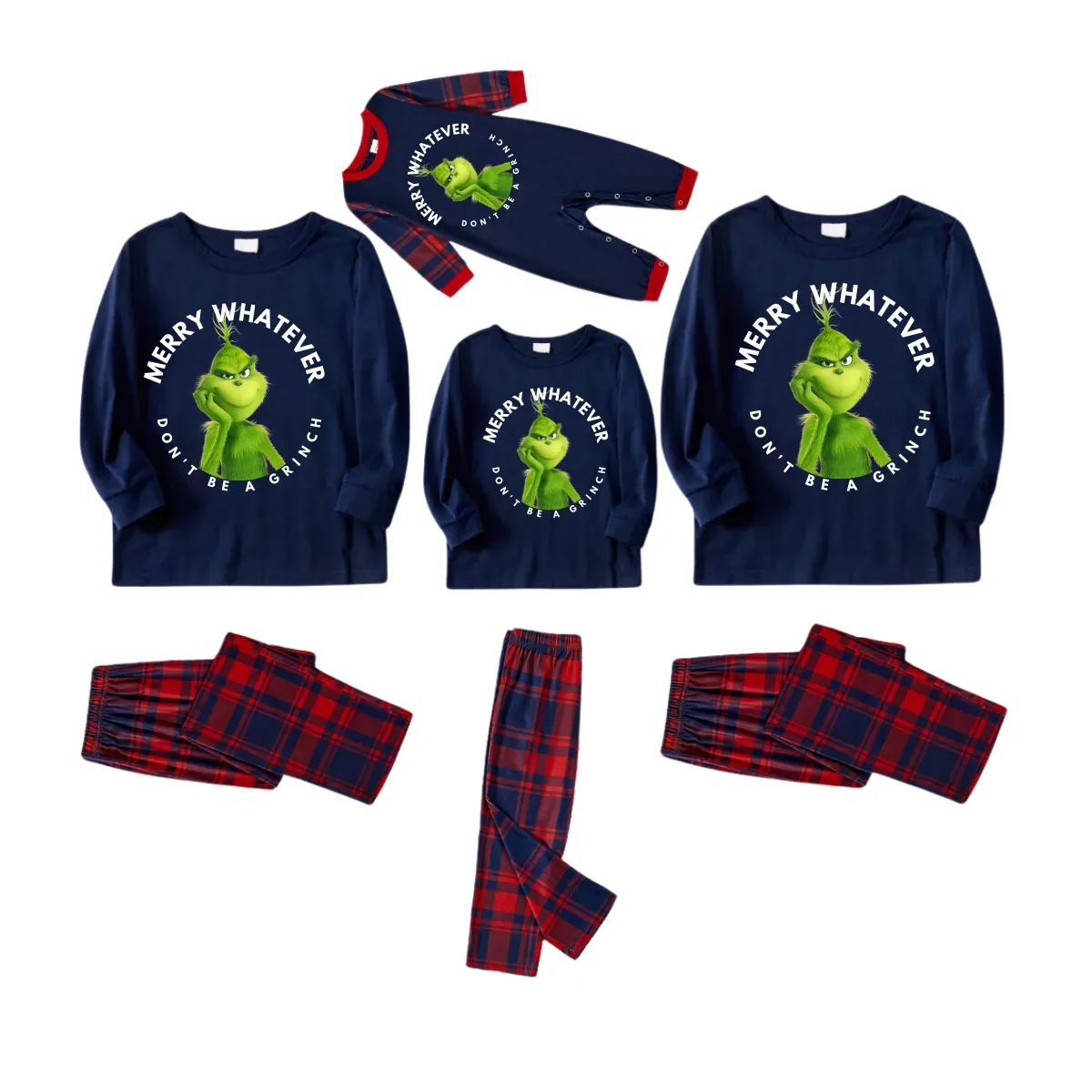 Cartoon Pattern and Christmas Slogan Printed Blue Top Red&Blue Plaid Pants Family Matching Pajamas