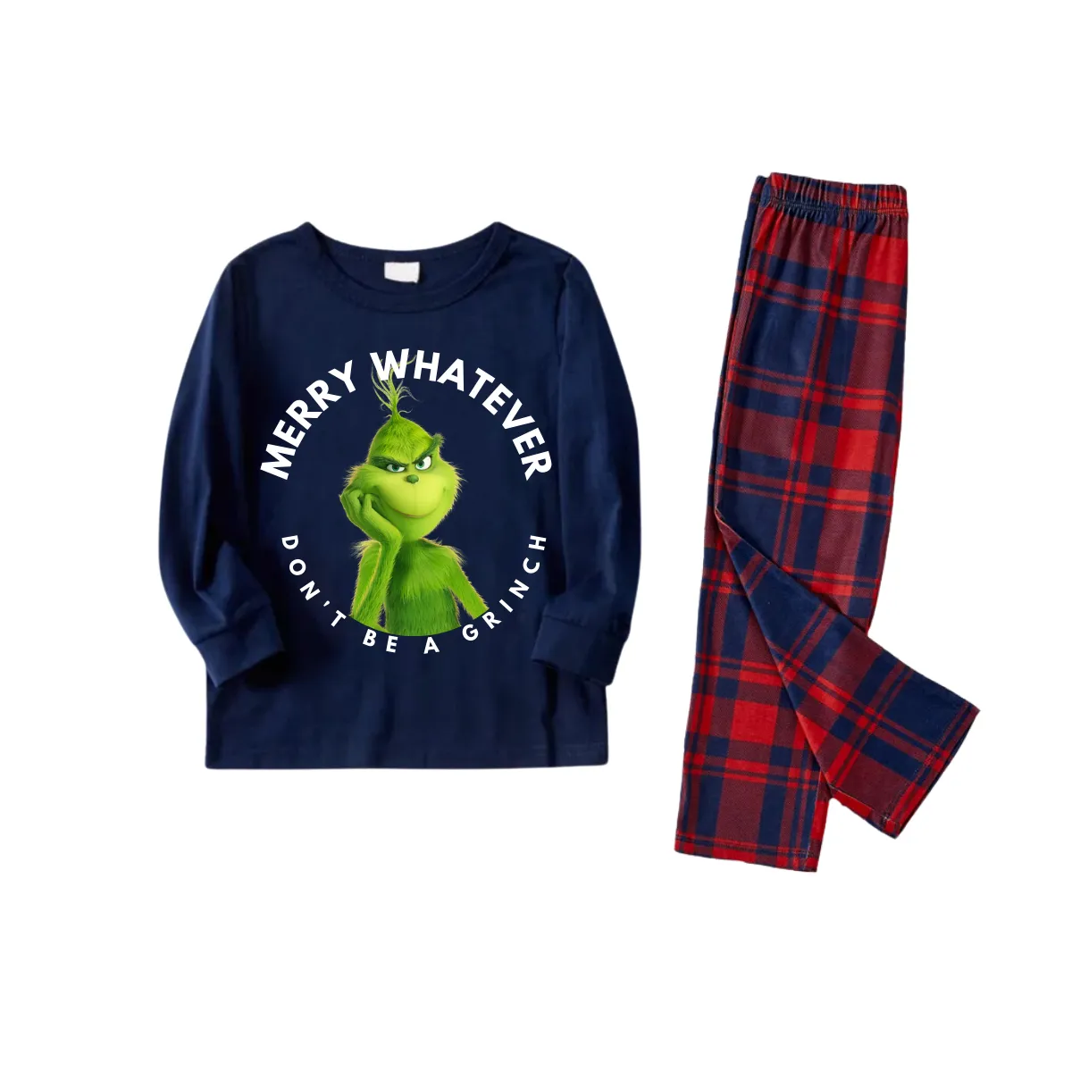 Cartoon Pattern and Christmas Slogan Printed Blue Top Red&Blue Plaid Pants Family Matching Pajamas