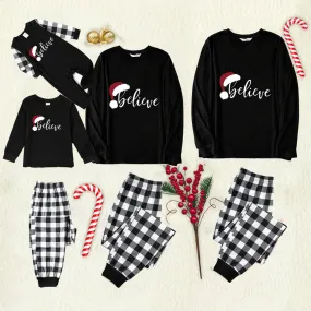 Christmas Hat and ‘Believe“ Letter Print Patterned Black & White Plaid Pajamas Set