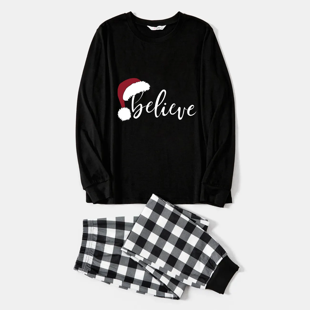 Christmas Hat and ‘Believe“ Letter Print Patterned Black & White Plaid Pajamas Set