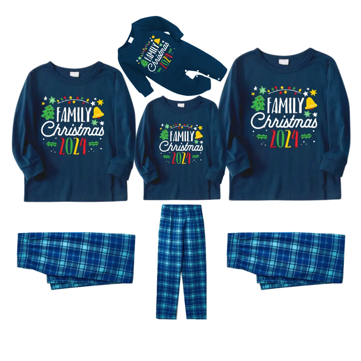 Christmas Pattern and "Family Christmas 2024" Printed Blue Plaid Christmas Matching Pajamas