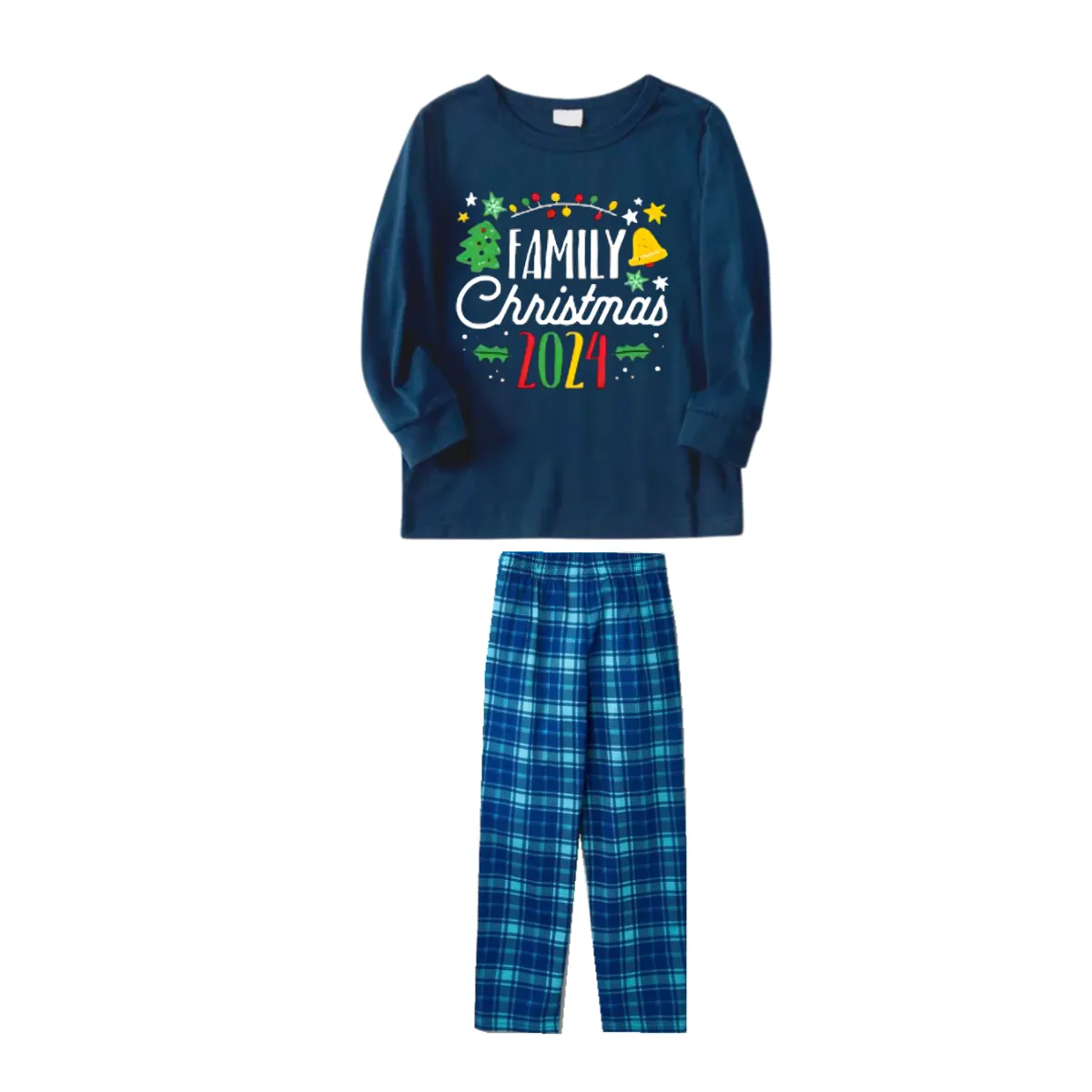 Christmas Pattern and "Family Christmas 2024" Printed Blue Plaid Christmas Matching Pajamas