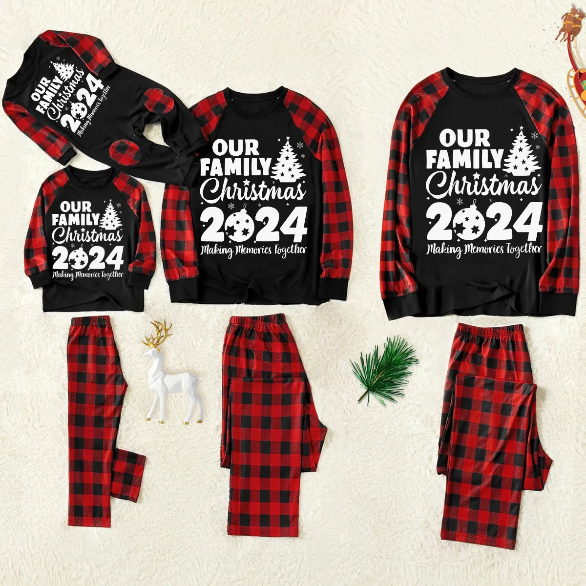 Christmas "We Are Family" Letter Print Patterned Contrast Black top and Black & Red Plaid Pants Family Matching Pajamas Set