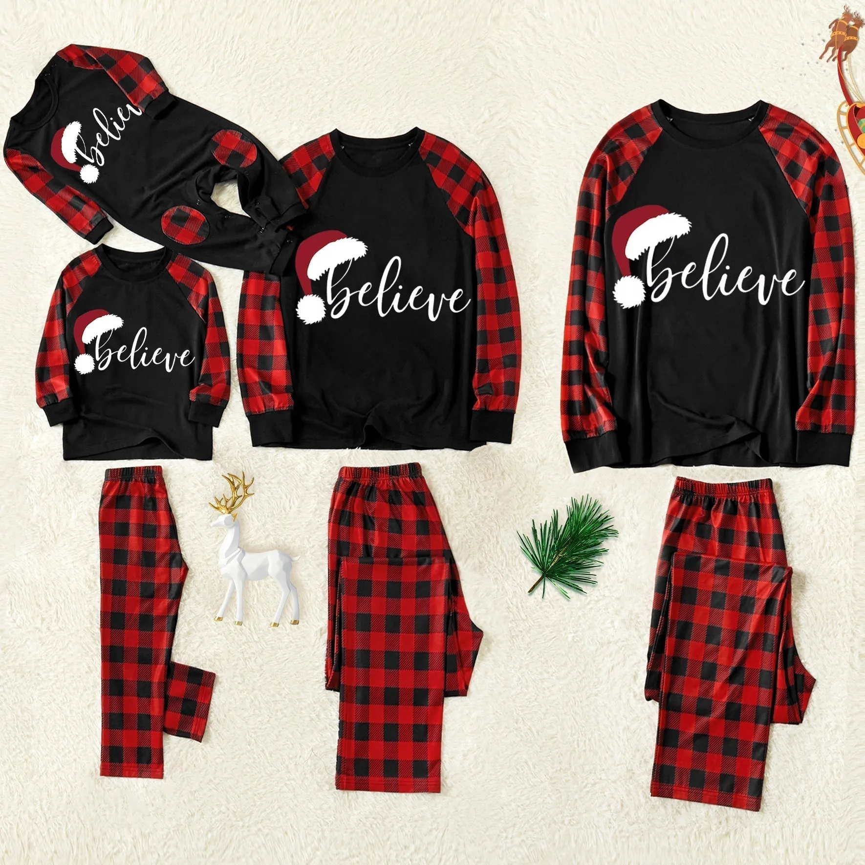 Christmas "We Are Family" Letter Print Patterned Contrast Black top and Black & Red Plaid Pants Family Matching Pajamas Set