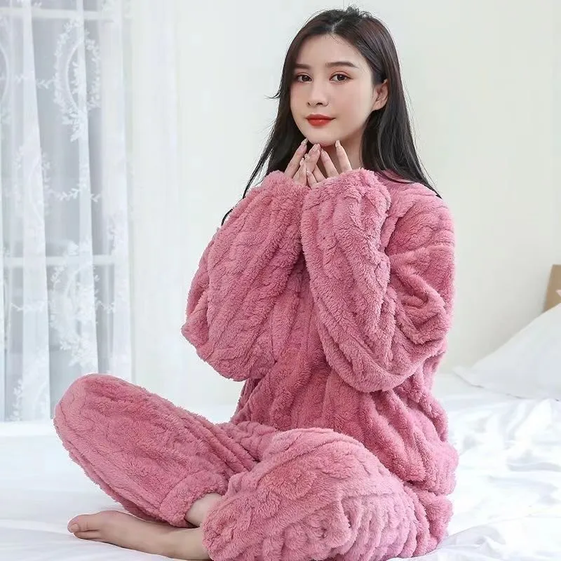 Couple Pure Color Jacquard Cotton Velvet Warm Suit Pajamas unisex night wear couple wear