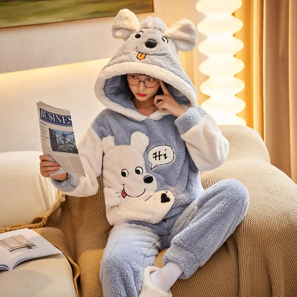 Cozy Flannel Pajama Set for Women with Plush Kigurumi Anime Hood