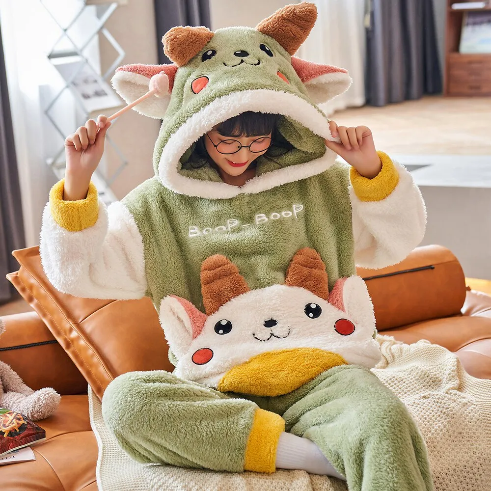 Cozy Flannel Pajama Set for Women with Plush Kigurumi Anime Hood