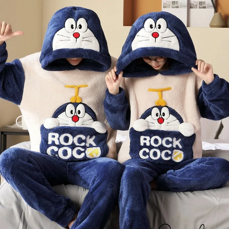 Cute Cartoon Cat Winter Pajama Sets for Couples