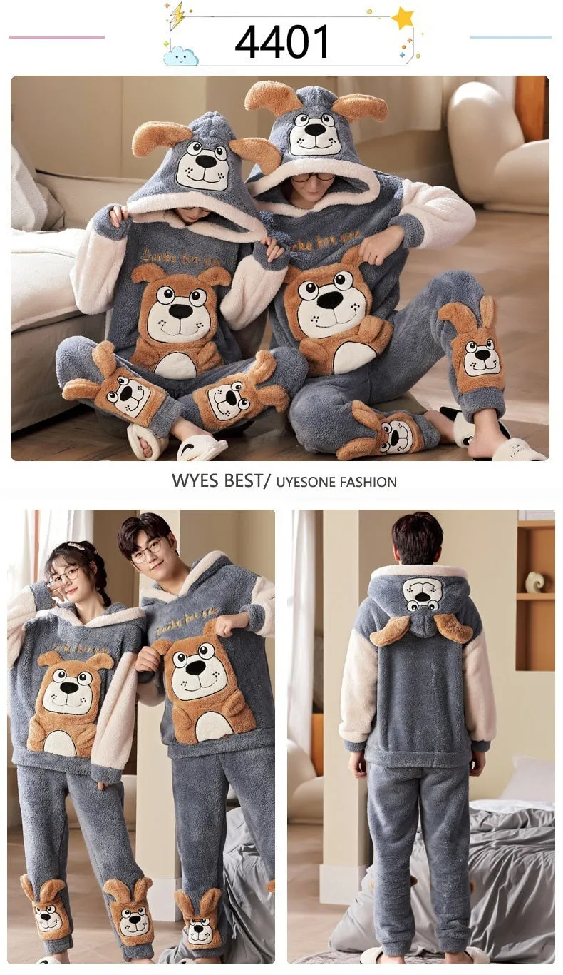 Cute Cartoon Cat Winter Pajama Sets for Couples