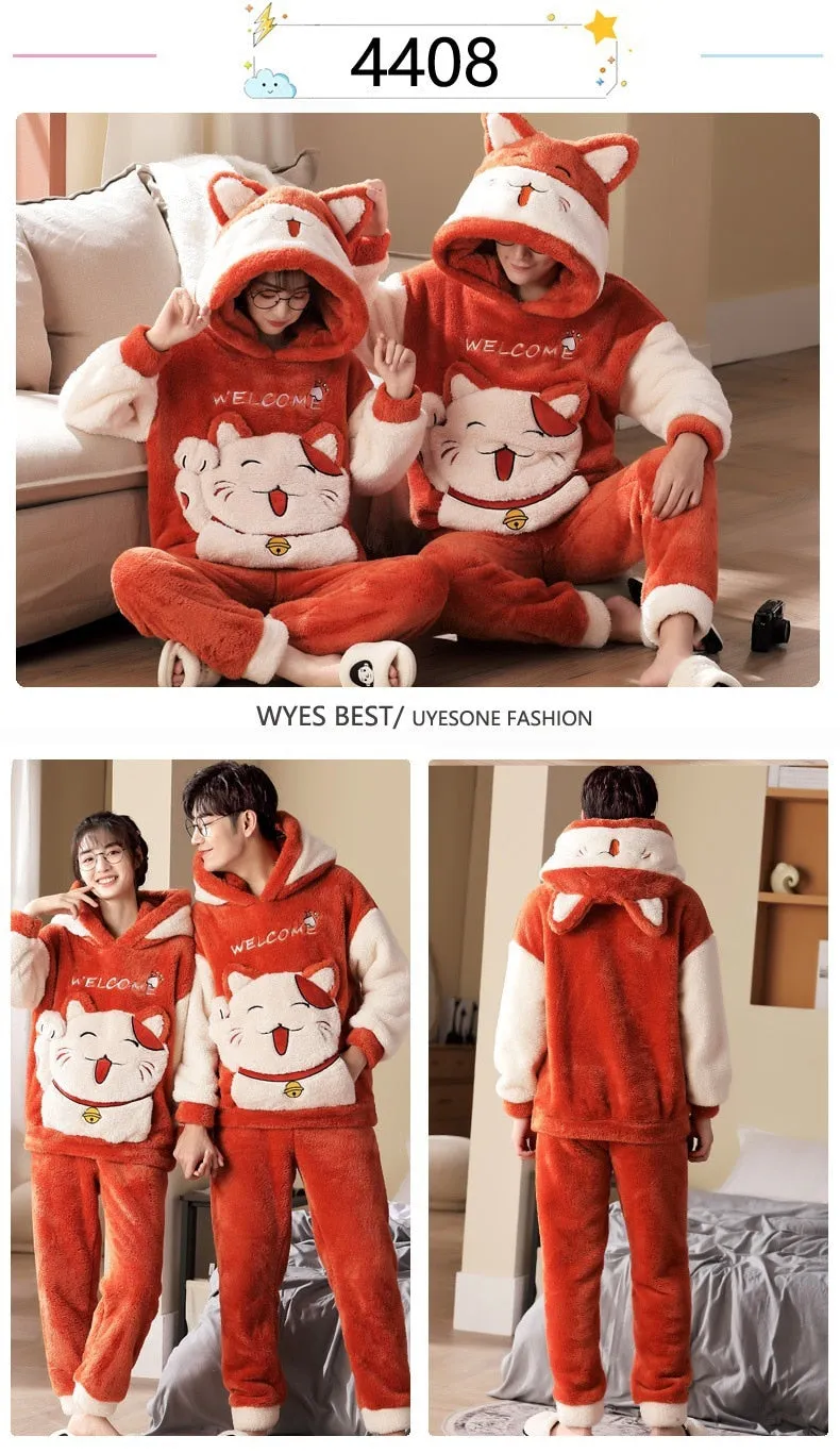 Cute Cartoon Cat Winter Pajama Sets for Couples