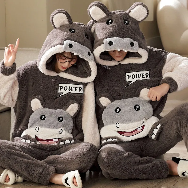 Cute Cartoon Cat Winter Pajama Sets for Couples