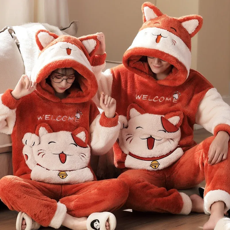 Cute Cartoon Cat Winter Pajama Sets for Couples