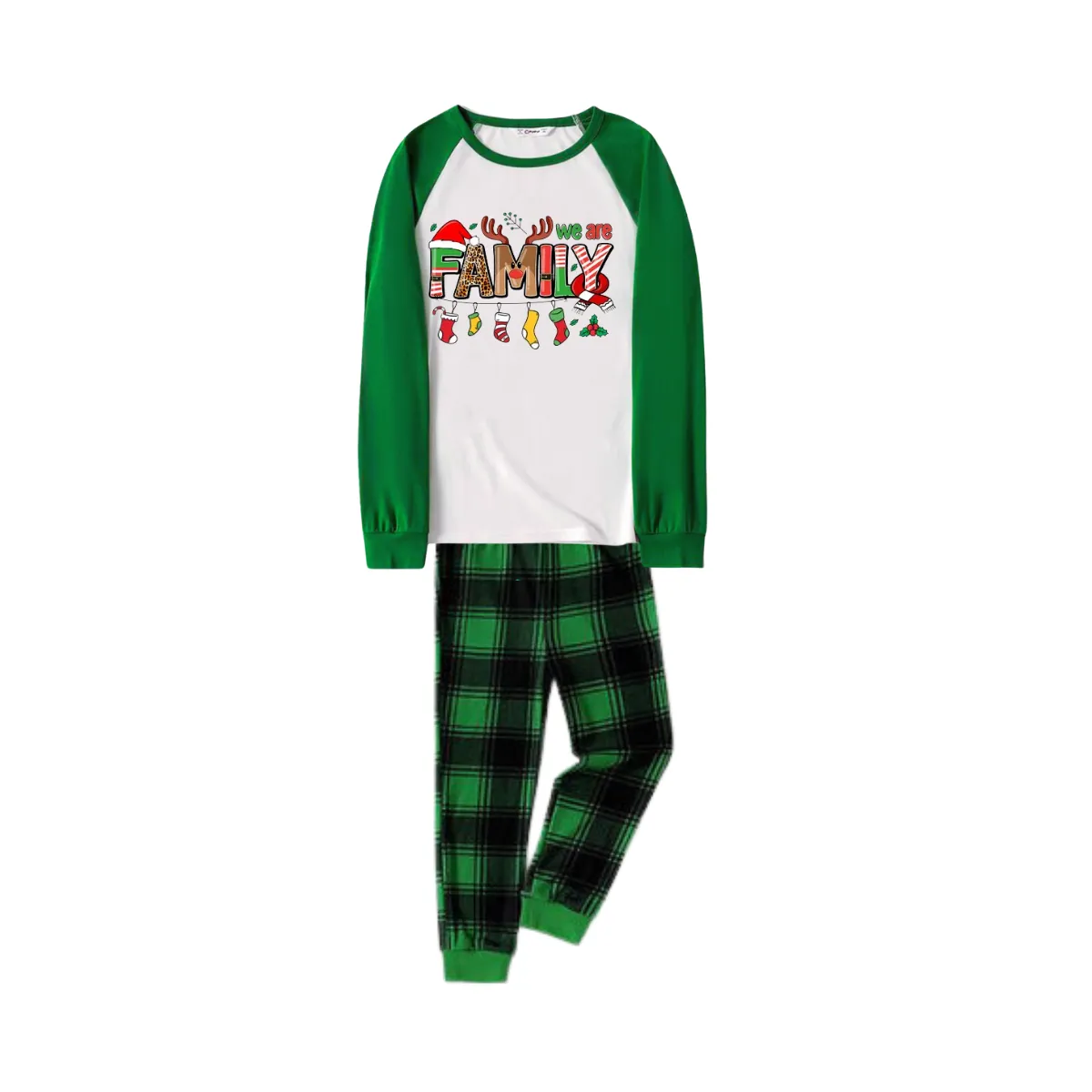 Cute Family Text Print Long Sleeve Top With Green & Black Plaid Christmas Matching Pajamas