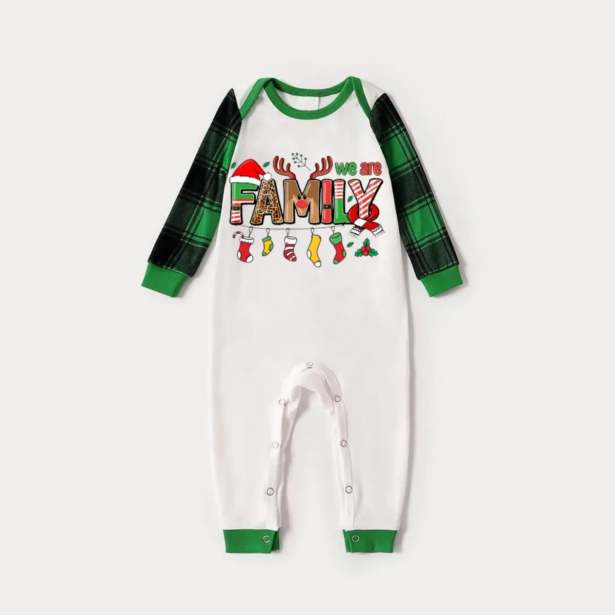 Cute Family Text Print Long Sleeve Top With Green & Black Plaid Christmas Matching Pajamas