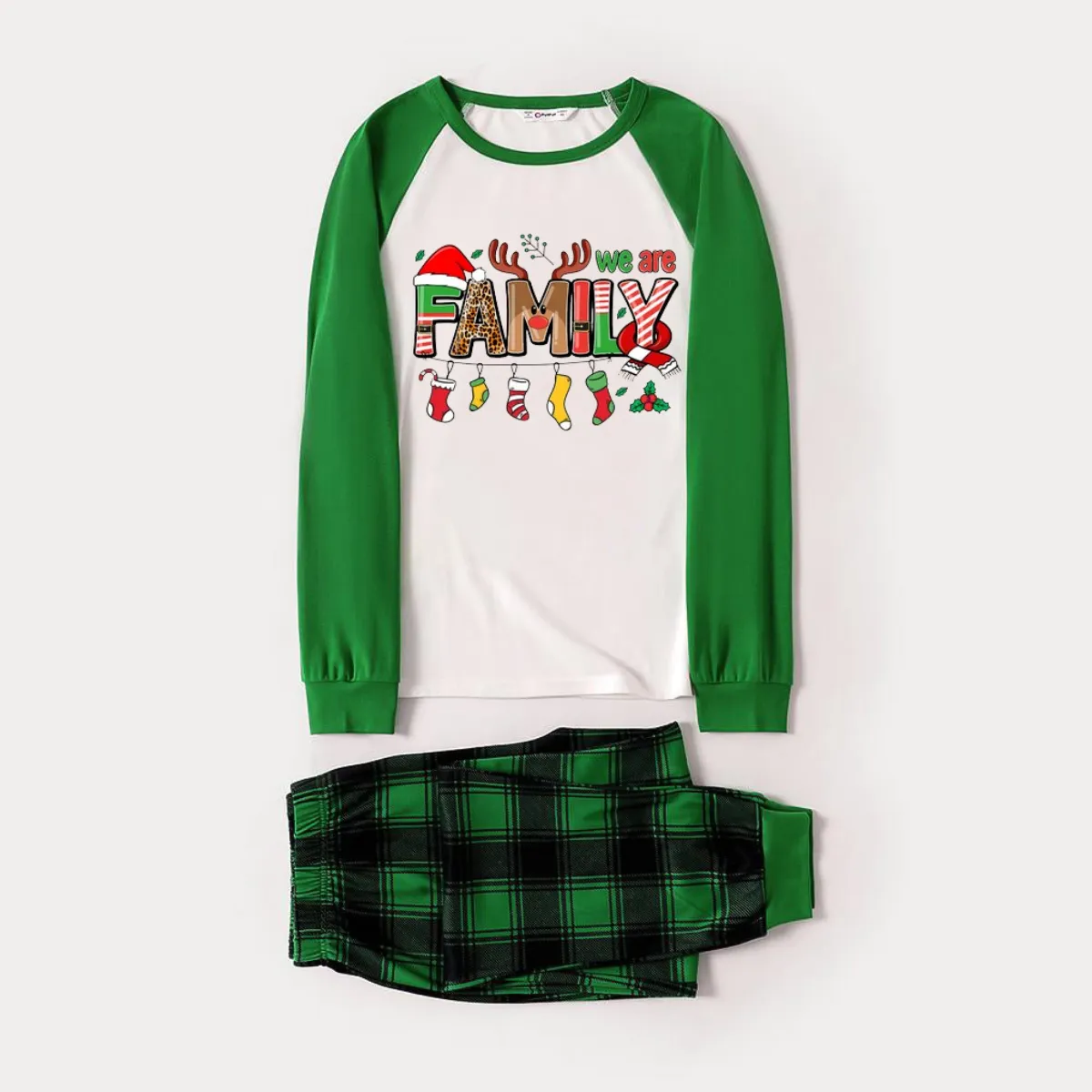 Cute Family Text Print Long Sleeve Top With Green & Black Plaid Christmas Matching Pajamas