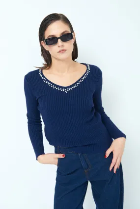 Embellished v-neck ribbed sweater wholesale