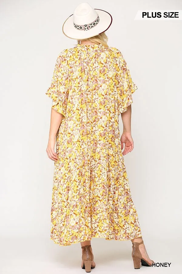 Floral Frill Detail Flowy Maxi Dress With Neck Tie