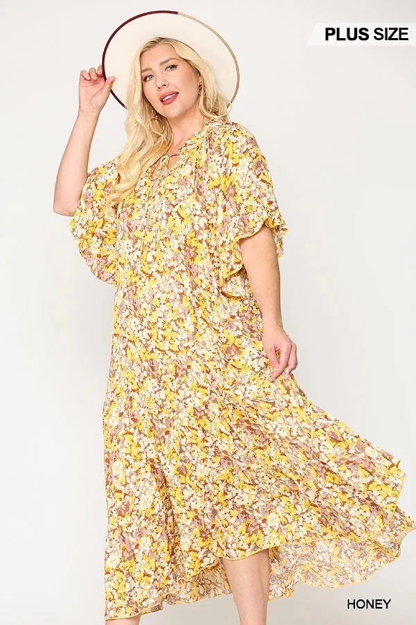 Floral Frill Detail Flowy Maxi Dress With Neck Tie