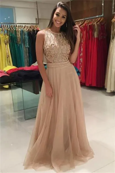 Flowy Long Sleeveless Beading Evening Prom Dress