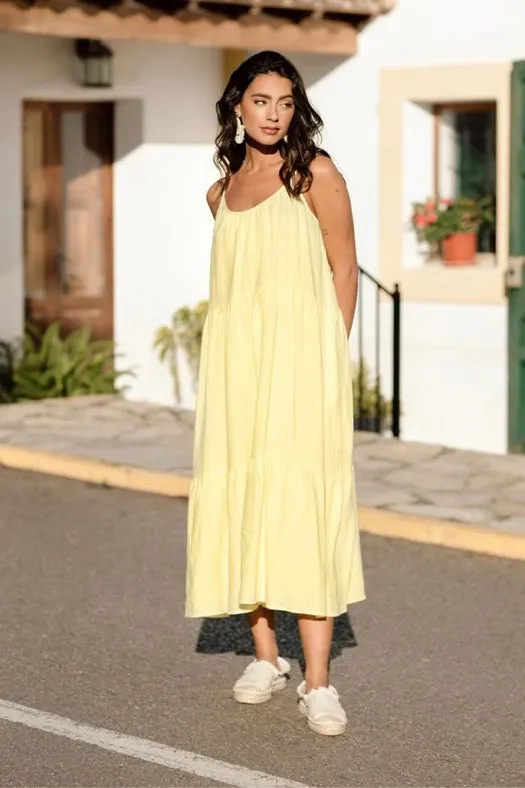 Flowy Midi Linen Dress Praslin Bright yellow