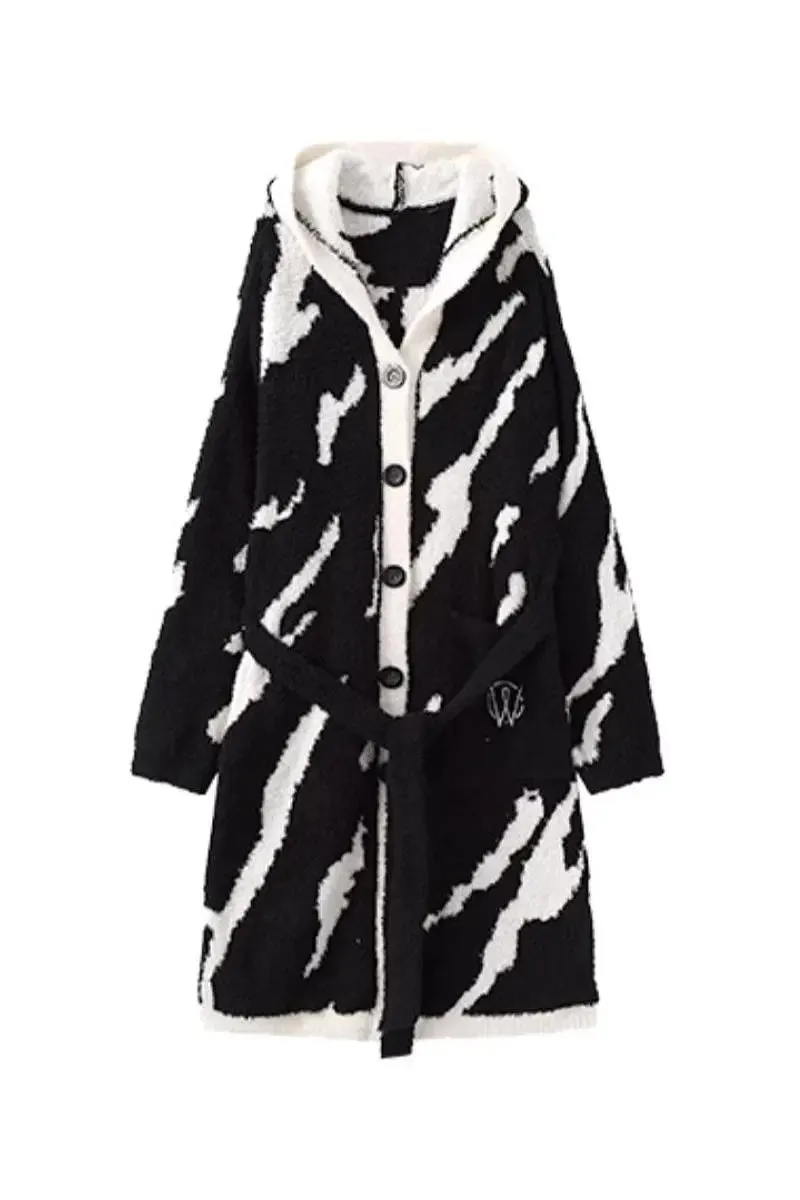 Fluffy Long Black Hooded Christmas Pajama Robe with Belt