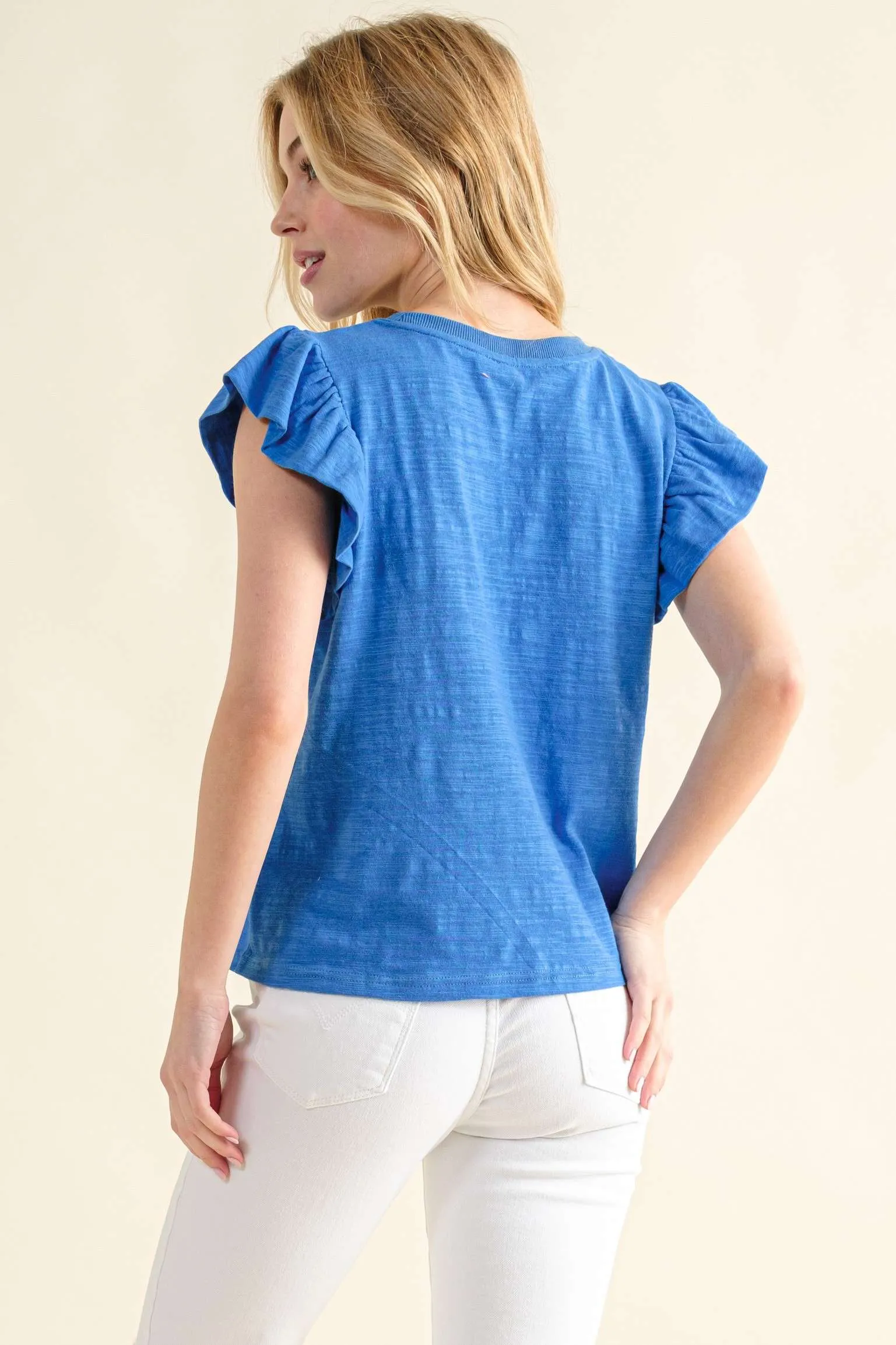 Going Astray Ruffle Sleeve Tee - Blue