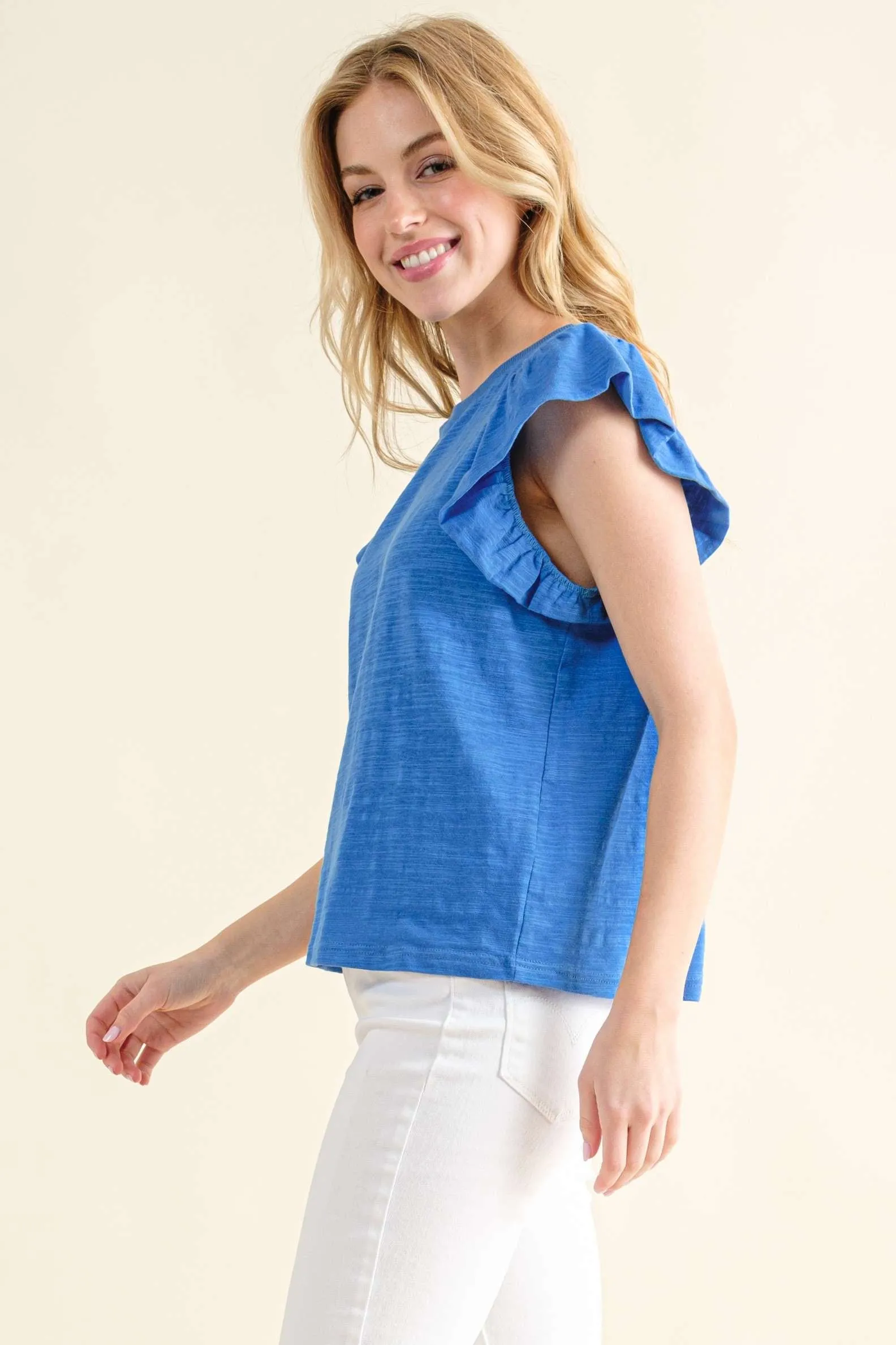 Going Astray Ruffle Sleeve Tee - Blue