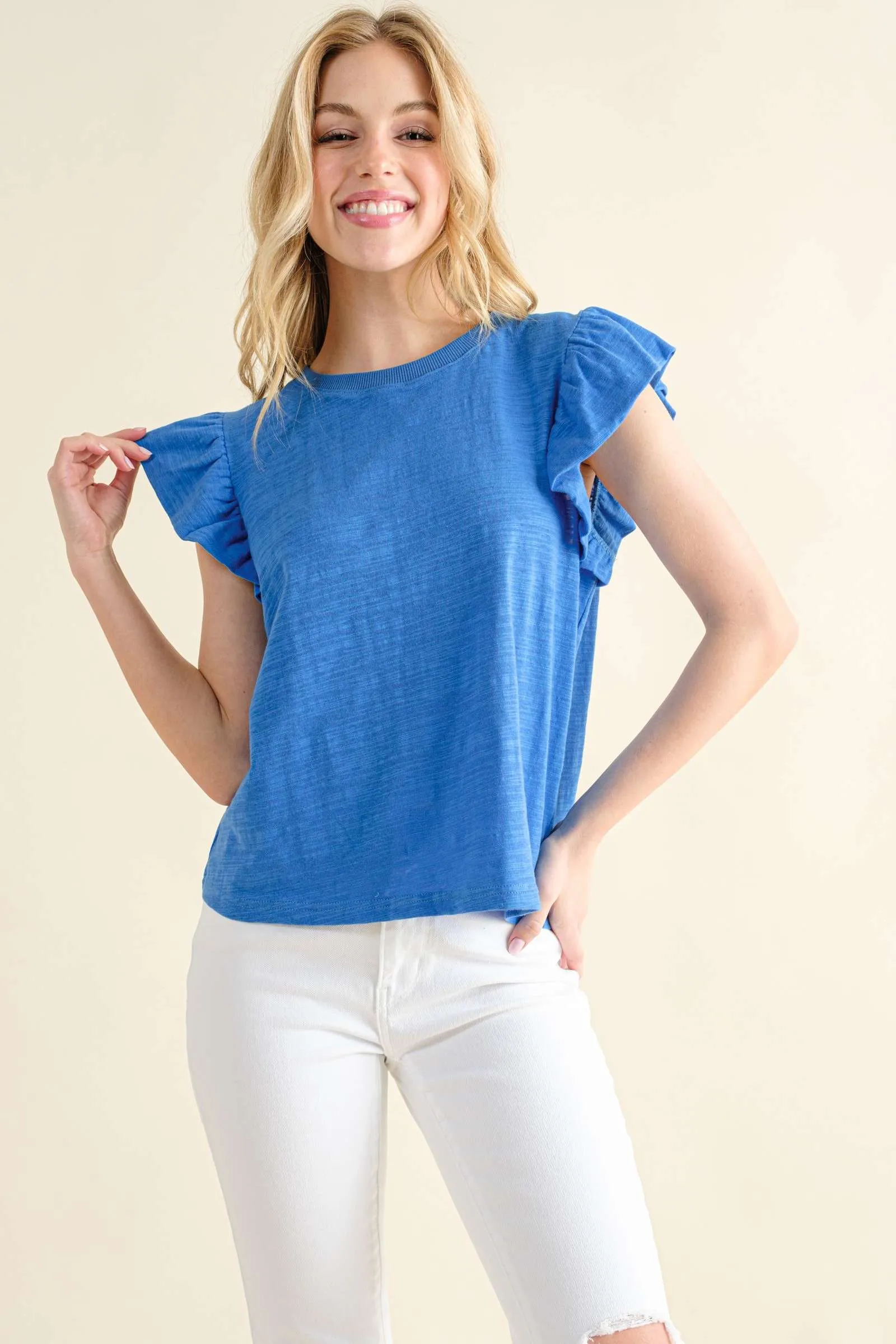 Going Astray Ruffle Sleeve Tee - Blue